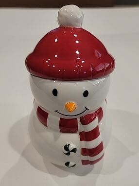 Hallmark Snowman Covered Candy Dish  Red Green 7.5 In.